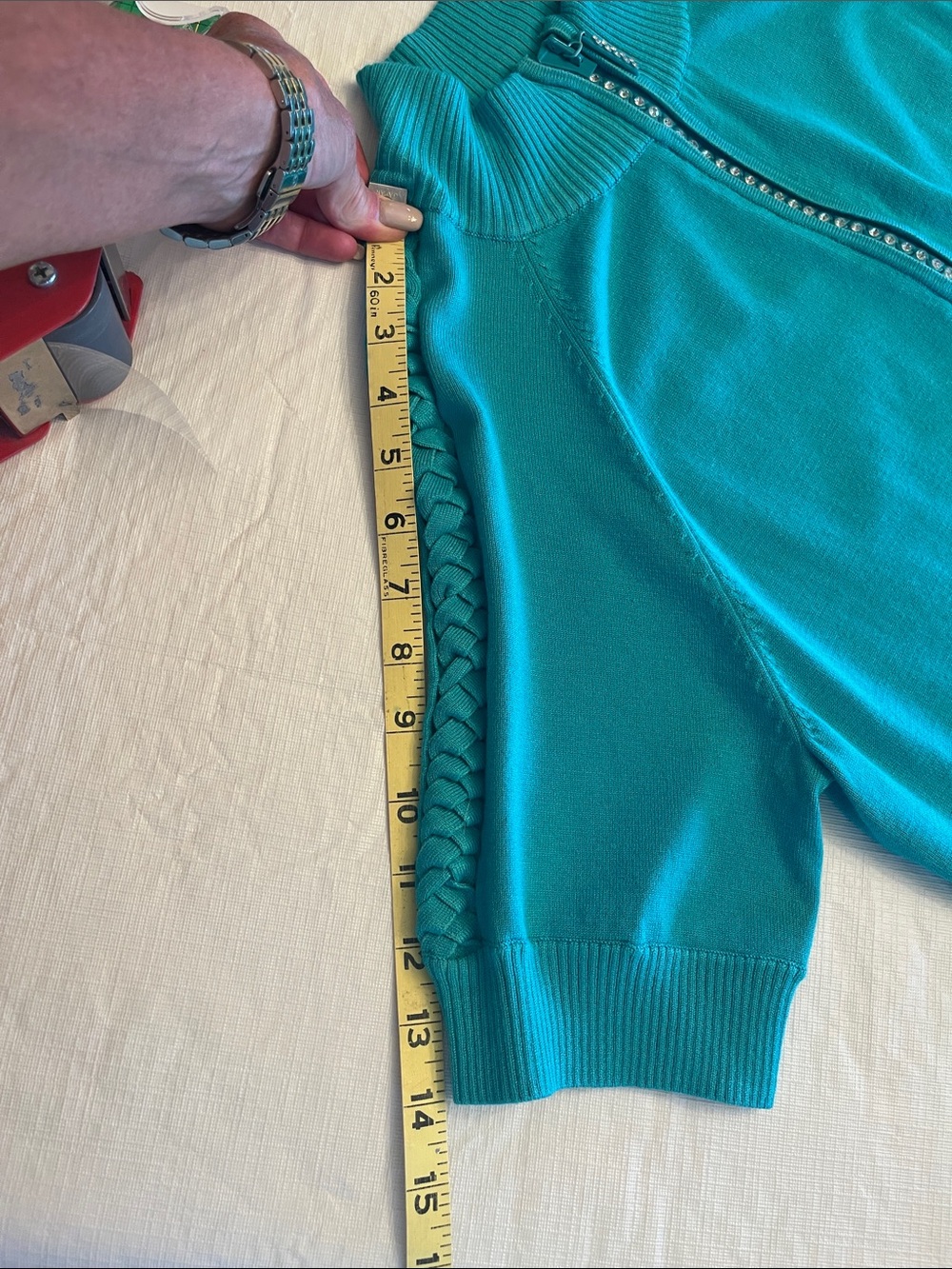 Belldini Teal Rhinestone Zip-Front Short Sleeve Sweater Size XL - Picture 10 of 16